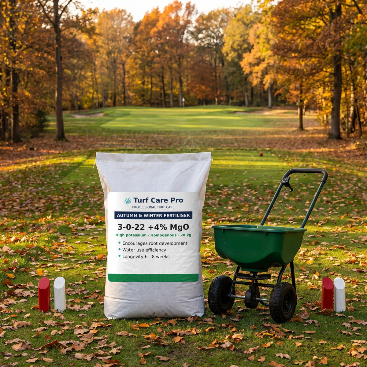 20kg 3-0-22 autumn and winter fertiliser bag beside a spreader on a golf tee