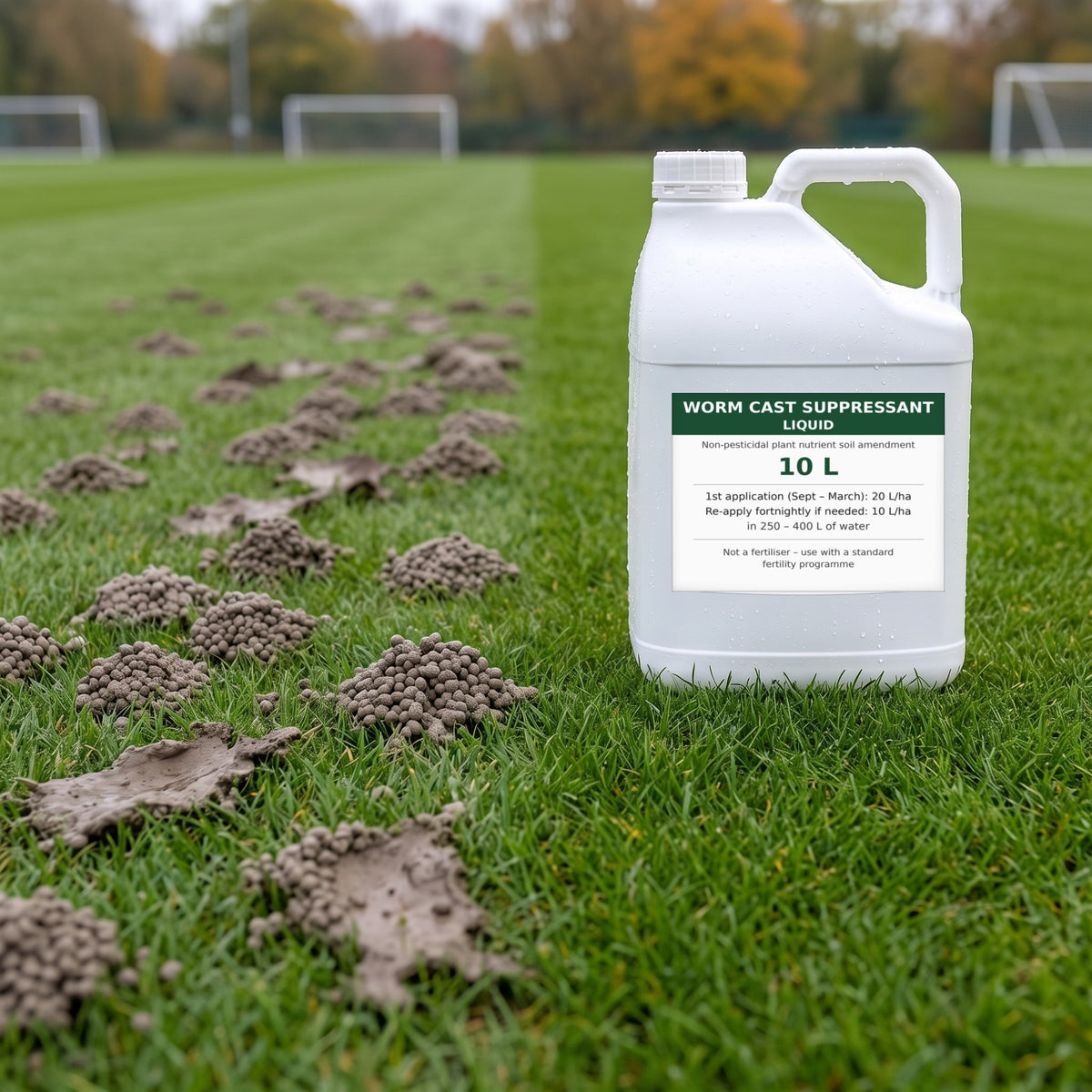 Turf with surface worm casts next to clean turf, with a 10L container of worm cast suppressant liquid