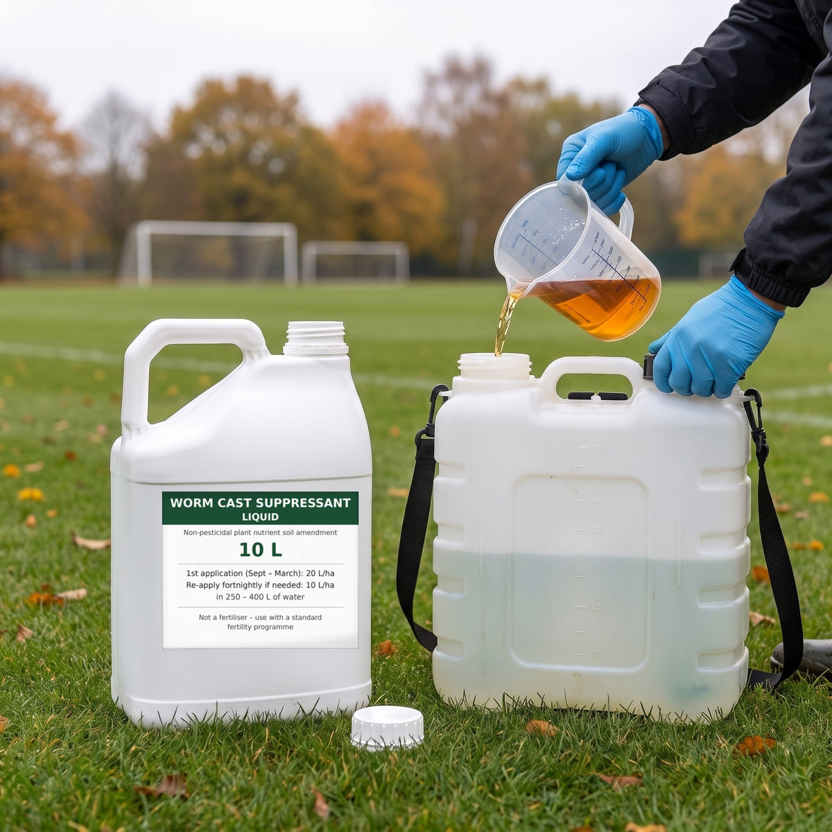 Measured worm cast suppressant liquid being added to a knapsack sprayer tank of water beside a football pitch