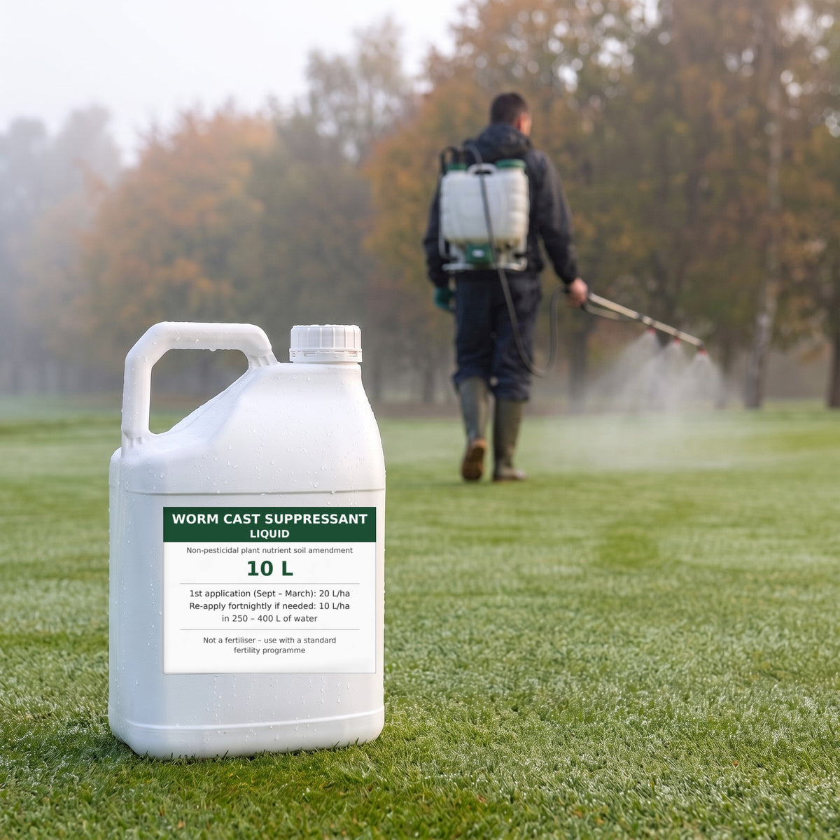 Worm cast suppressant liquid 10L on a golf green while a greenkeeper sprays with a knapsack sprayer