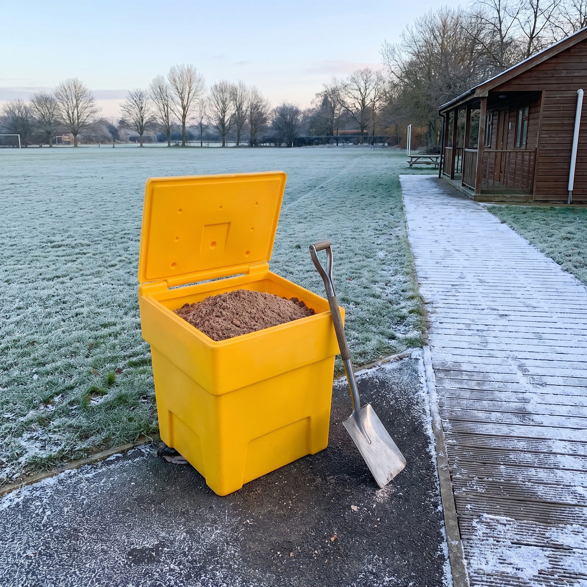 Yellow 200L grit bin with lid open full of rock salt beside a frosty sports club footpath